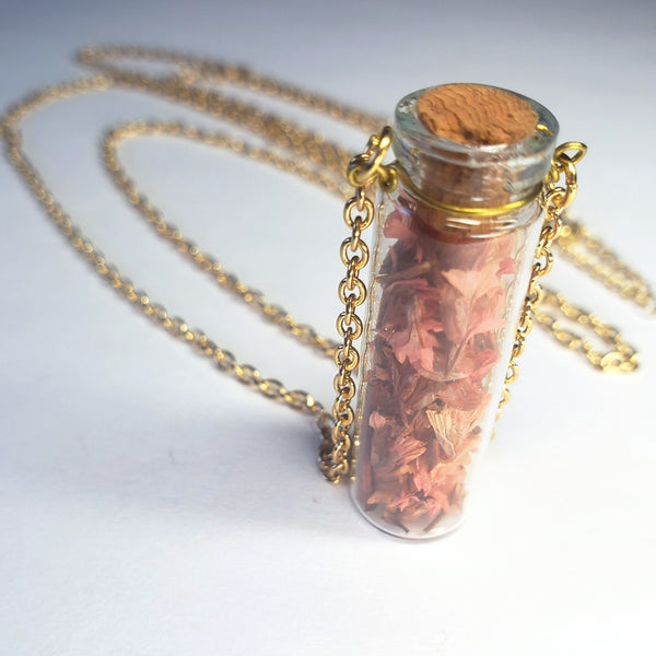 Pink Floral Glass Vial Necklace