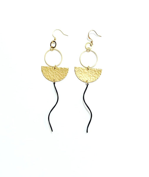 Wavy Black and Hammered Brass Hanging Earrings